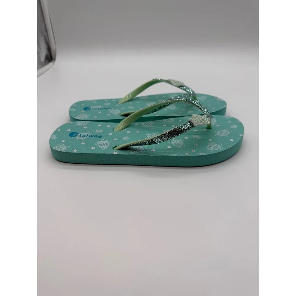 Girls Sea Turtle Glitter Flip Flop Sandals Teal Blue Green Size 4 Kids